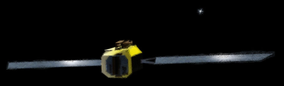 Rendering of a small spacecraft with long solar panel wings drifting in black space