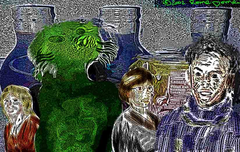 Psychedelic image of a green alien head beside three people in front of glass jars