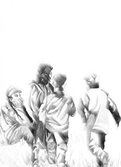 Faint pencil drawing of a group of children walking together