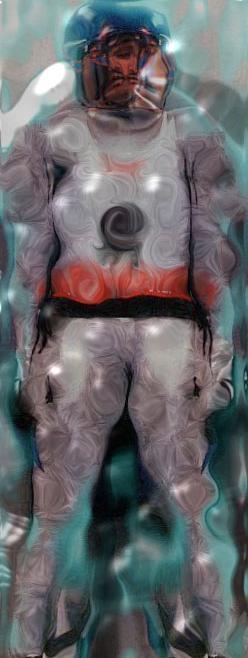Image of a figure in a white spacesuit with a red waistband and a helmeted head