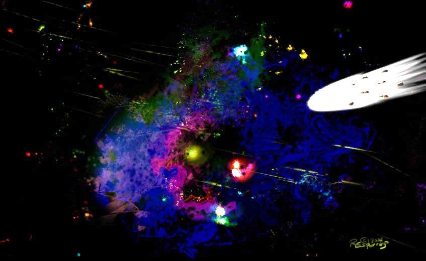 Space art of a colorful nebula with a comet streaking past