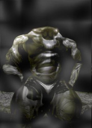 Murky rendering of a hulking, muscular monster crouching in shadow