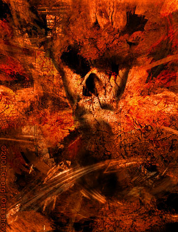 Abstract painting in fiery rust tones with a skull-like face emerging