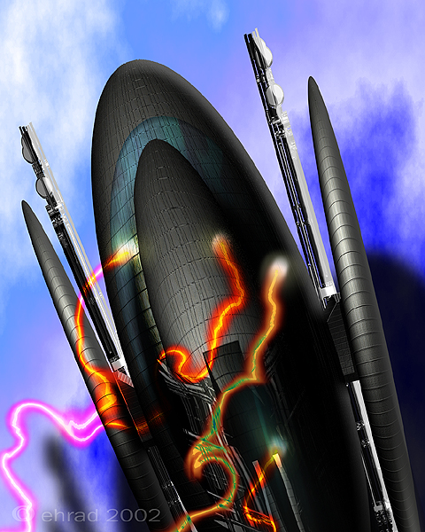 Digital art of a giant curved spaceship hull with towers, wrapped in glowing red and purple energy