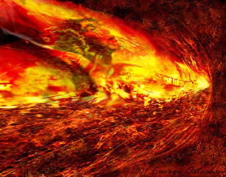 Fiery abstract painting of a figure engulfed in swirling red and orange flames
