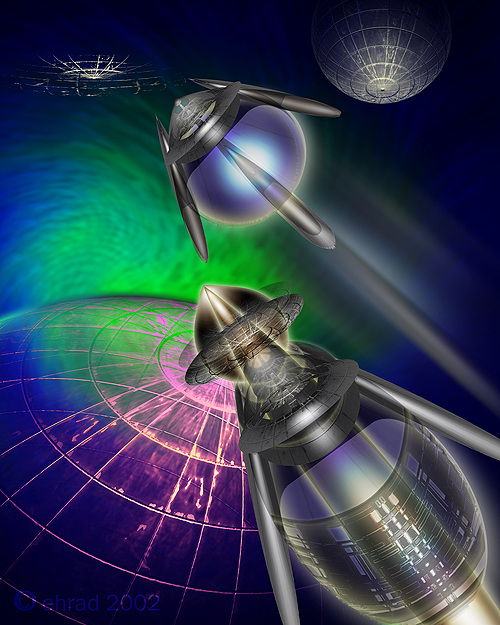 Digital art of two silver spherical probes with long spikes flying over a glowing green and purple grid