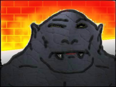 Cartoon of a grim, gray, fanged ogre-like face in front of a fiery brick wall