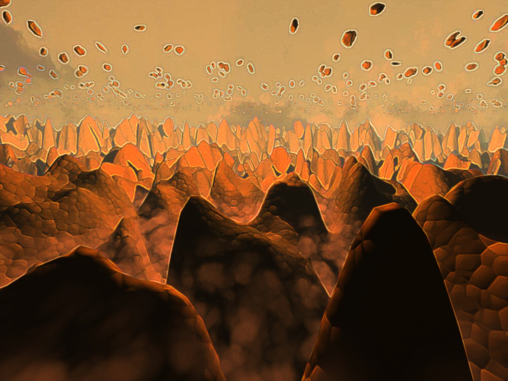 Rendering of jagged dark rock spires under a sky full of floating orange boulders