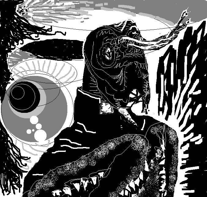 Black-and-white woodcut-style drawing of a hooded alien creature with a coiled body and a planet with bubbles beside it