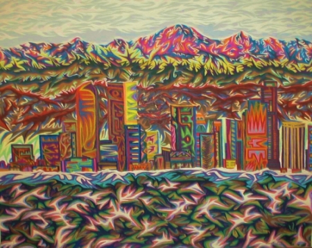 Psychedelic painting of a city skyline beneath colorful mountains, with grass in the foreground