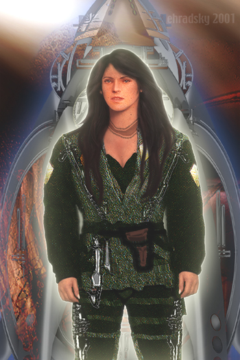 Digital portrait of a dark-haired woman in a green combat outfit standing in a metallic corridor