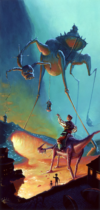 Painting of giant long-legged walking machines landing among robed figures in a golden desert