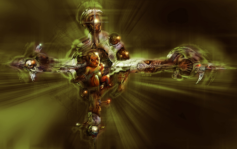 Rendering of an ornate golden spacecraft surrounded by rays of light in murky green space