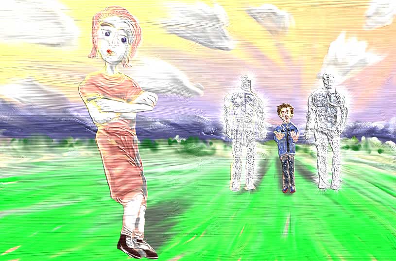 Sketchy colorful image of a woman and a boy with two glowing translucent figures in a bright green field under radiating light