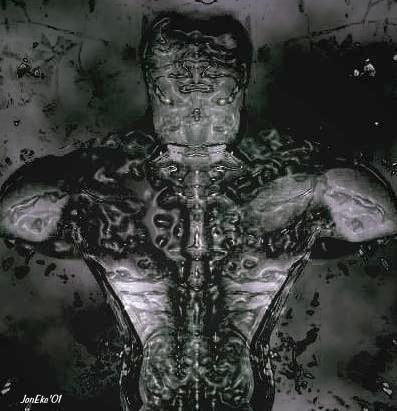 Dark grayscale image of a muscular, armored gargoyle-like torso