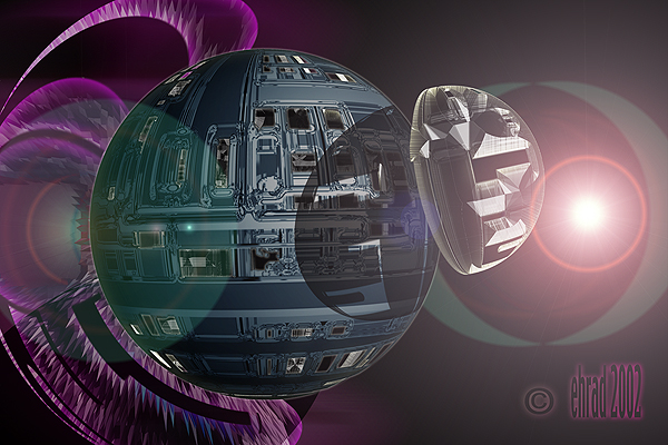 Space art of a large metallic globe-shaped space station beside a glowing pink star