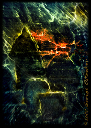 Abstract painting of dark rocky shapes laced with glowing yellow and red cracks