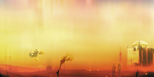 Painting of a hazy orange desert horizon with domed buildings and a flying craft