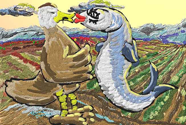 Painted cartoon of a duck kissing a large fish on the cheek in front of farm fields and mountains