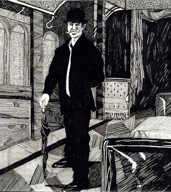 Ink drawing of a man in a bowler hat and dark suit holding an umbrella in a train carriage