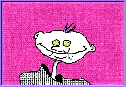 Cartoon of a round-headed pale vampire with yellow eyes, fangs and a houndstooth jacket on a pink background
