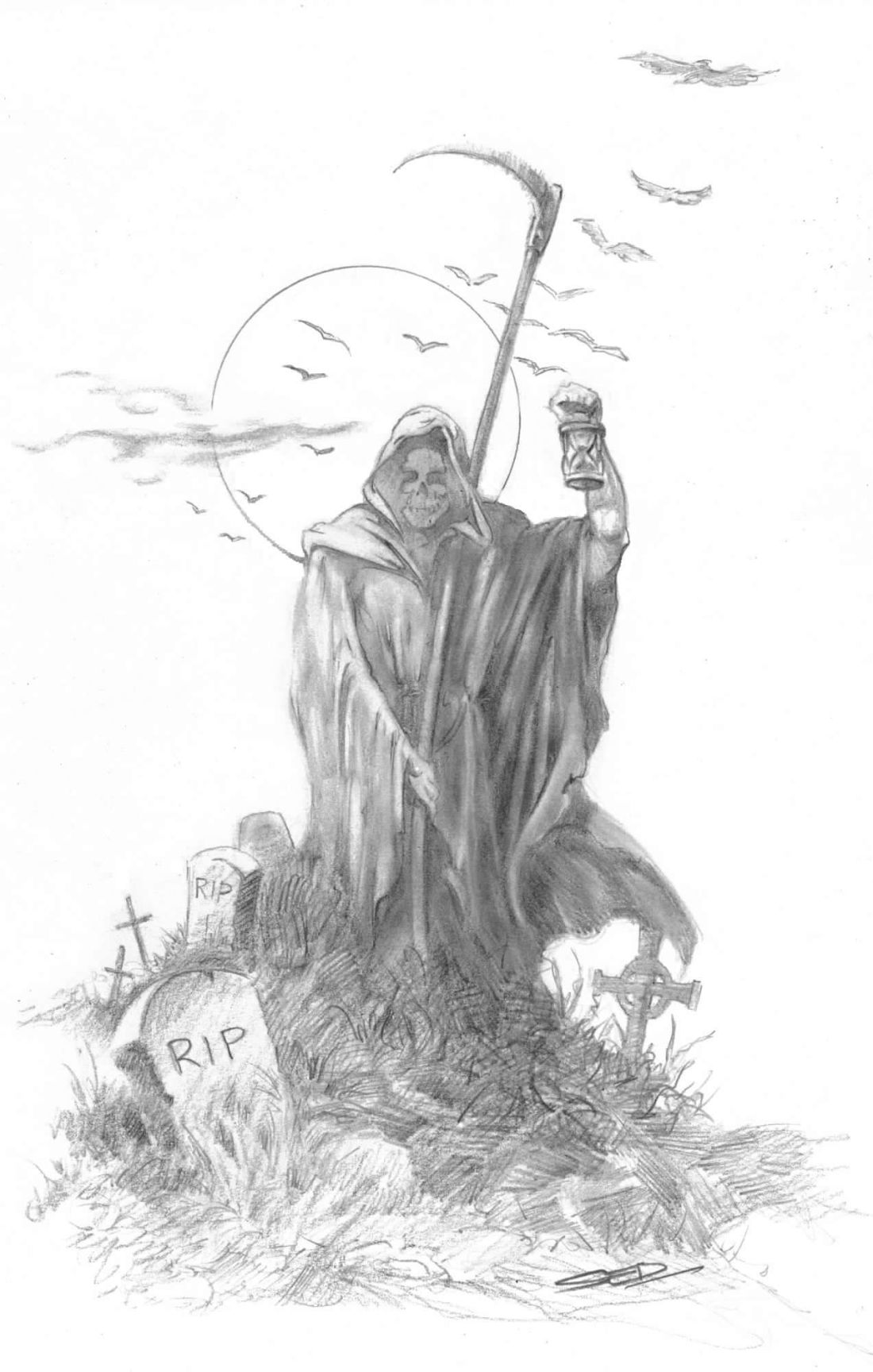 Pencil drawing of the Grim Reaper with a scythe, raising a lantern beside a tombstone marked RIP