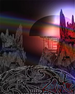 Digital art of a dark dome and jagged rock spires over a tangled mechanical sphere, streaked with rainbow light