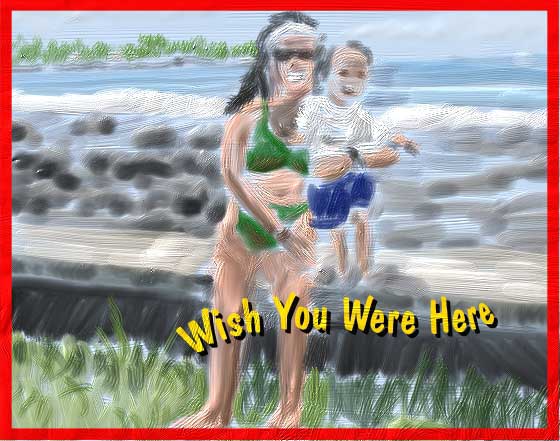 Painted postcard of a woman and a child in swimsuits on a rocky beach, captioned Wish You Were Here