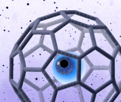 A blue human eye peering out from inside a geodesic buckyball cage
