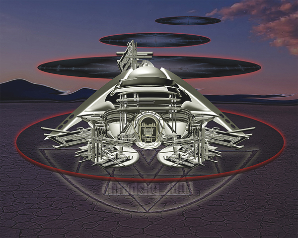 Rendering of a tiered metallic flying saucer hovering over a desert at dusk inside glowing red rings