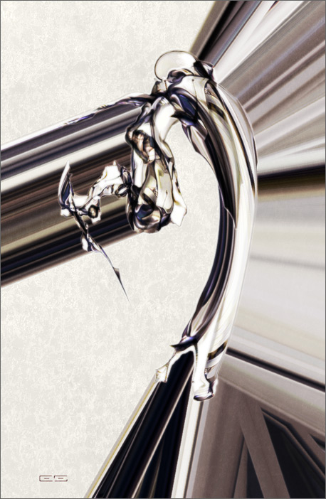 Chrome robotic figure bent backward, rendered in gleaming silver