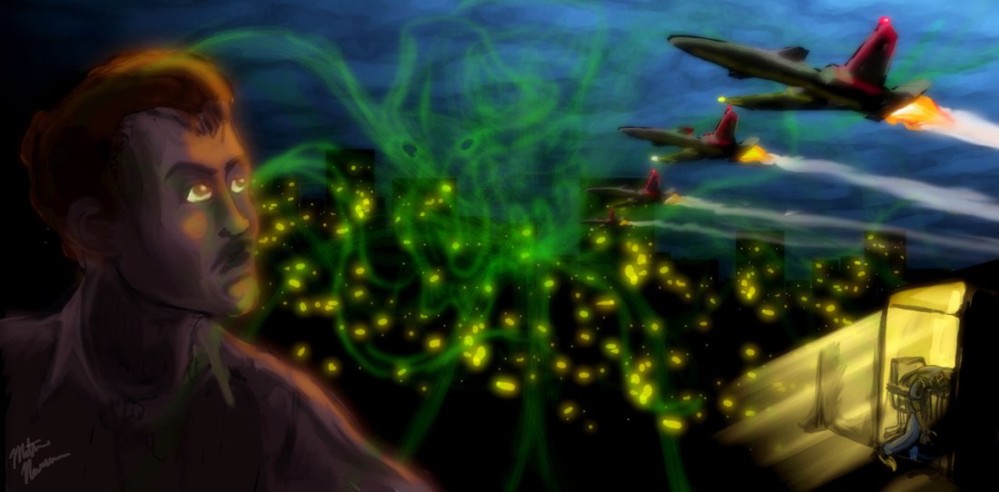 Painting of a man's face lit green beside a swarm of glowing lights and jet fighters streaking across a night sky