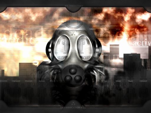 A gas mask in front of a burning city skyline under smoky orange clouds