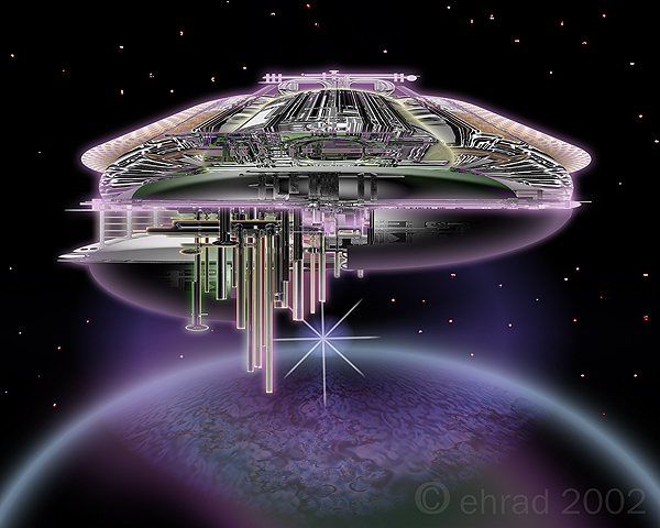 Space art of a huge saucer-shaped space station with dangling towers above a purple planet