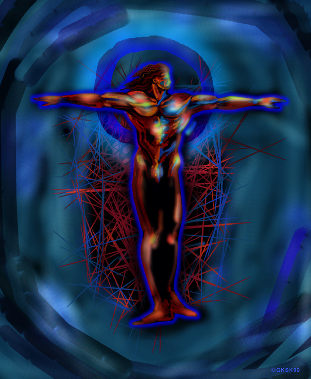 Painting of a glowing human figure with outstretched arms, laced with red lines, inside a blue vortex