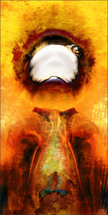 Abstract painting of a pale glowing orb above a figure in fiery orange and yellow tones