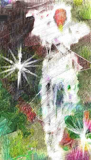 Scratchy, colorful image of a pale ghostly figure among bright starbursts