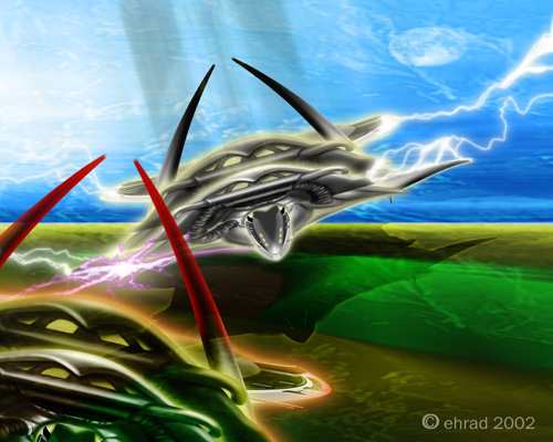 Space art of a spiky alien craft with red horns flying over green hills amid lightning