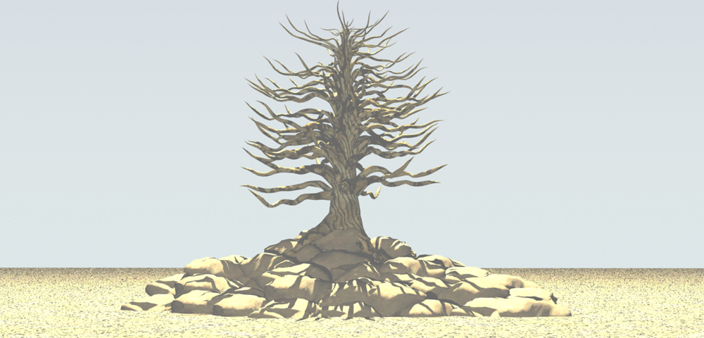 Rendering of a lone gnarled tree growing from a rocky mound under a pale sky