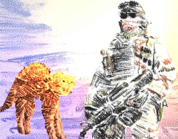 Sketchy painting of an orange cat arching its back beside a soldier in camouflage and dark goggles