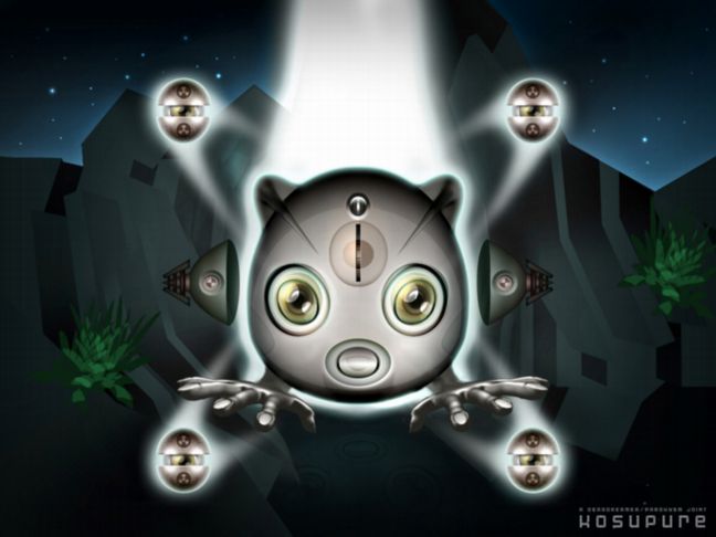 Rendering of a round metallic robot face with big green eyes, flanked by four glowing orbs, in a dark room