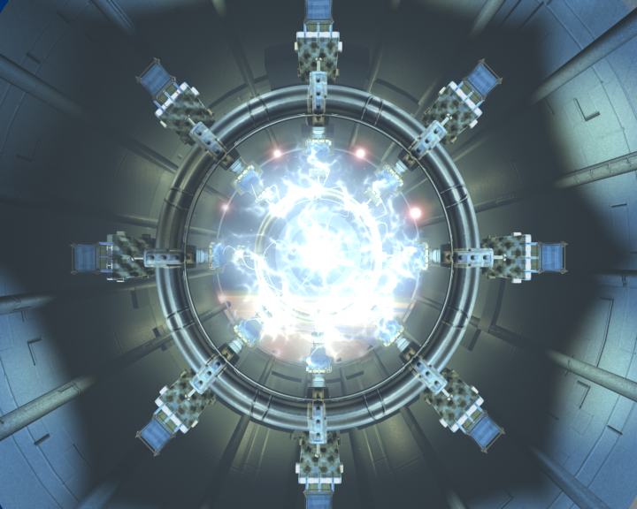 Looking up into a circular reactor ring with a blazing white energy core at its center