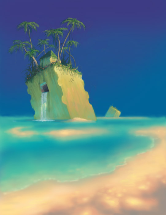 Painting of a small rocky island topped with palm trees and a waterfall in a turquoise sea