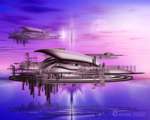 Space art of sleek space stations and ships floating over reflective water under a purple sky