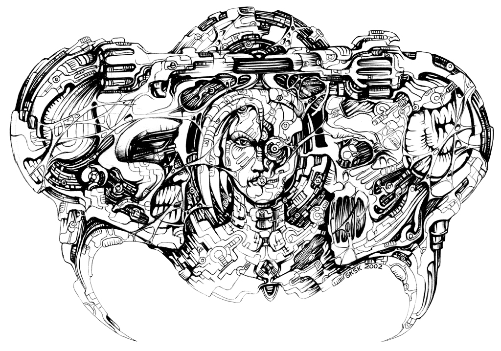 Intricate black-and-white ink drawing of two biomechanical faces joined in a symmetrical machine