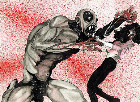Ink-and-wash drawing of a muscular, hollow-eyed monster lunging at a dark-haired woman against red spatter
