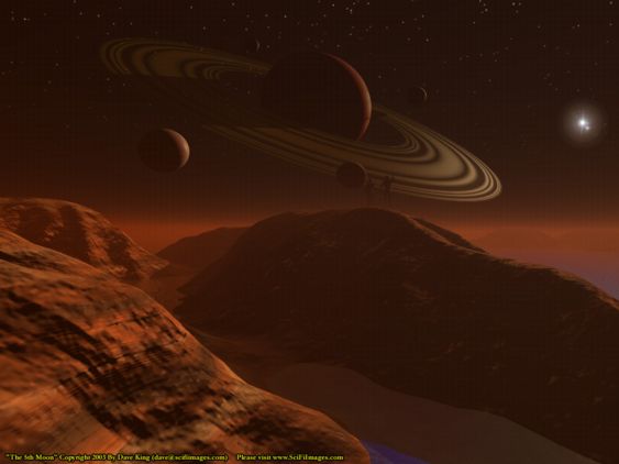 Space art of a ringed planet and moons rising over a rocky red alien landscape