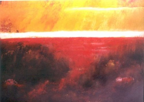 Painting of a blazing yellow and orange sky over a dark red landscape