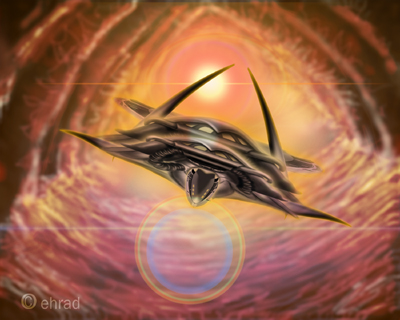 Digital art of a dark winged spacecraft flying through a glowing red and orange tunnel