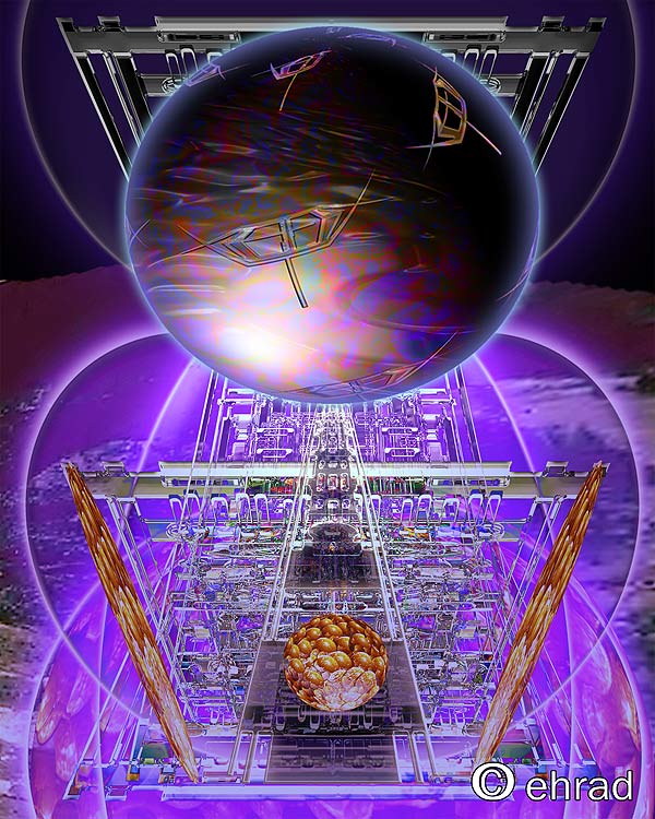 Digital art of a glowing sphere above a lattice structure bathed in purple light